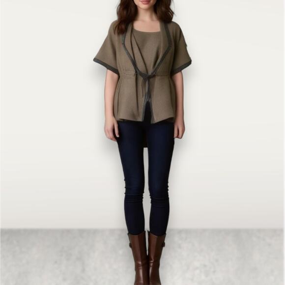 Agnona Size 40 Short Sleeve Cinch Waist Lagenlook Jacket Brown Silk Cashmere - Picture 1 of 16